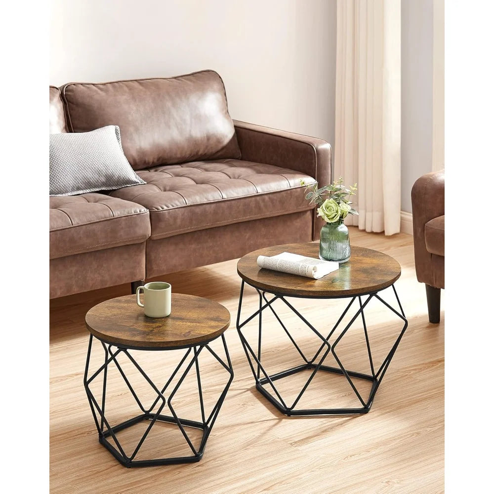Round Coffee Table with Steel Frame, Rustic