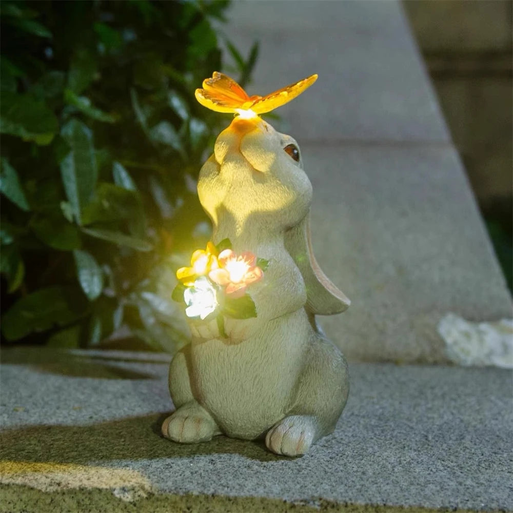Solar Bunny Statue Garden Decor with Butterfly LED Light