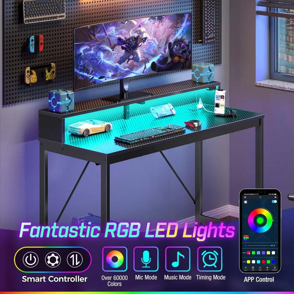 Computer Desk with LED Lights & Power Outlets