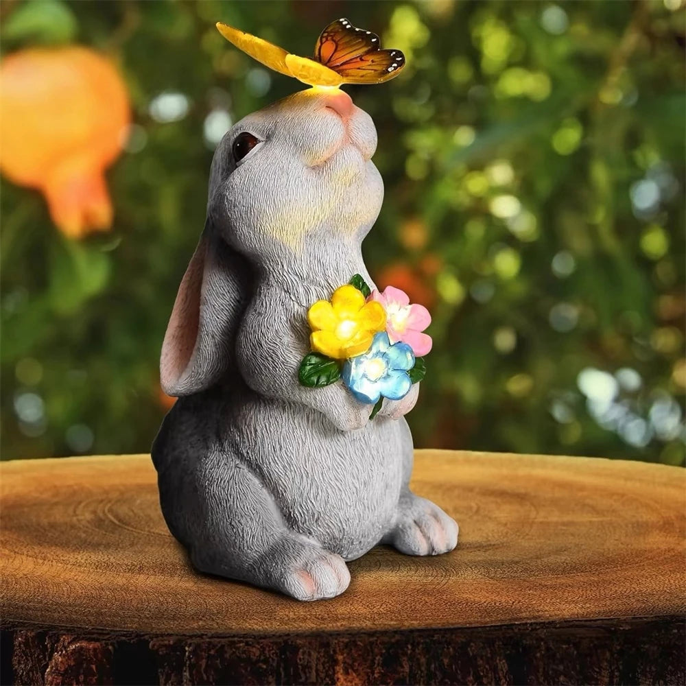 Solar Bunny Statue Garden Decor with Butterfly LED Light