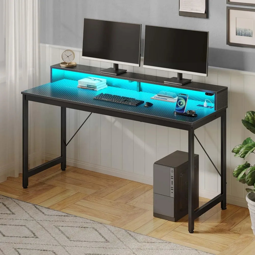 Computer Desk with LED Lights & Power Outlets