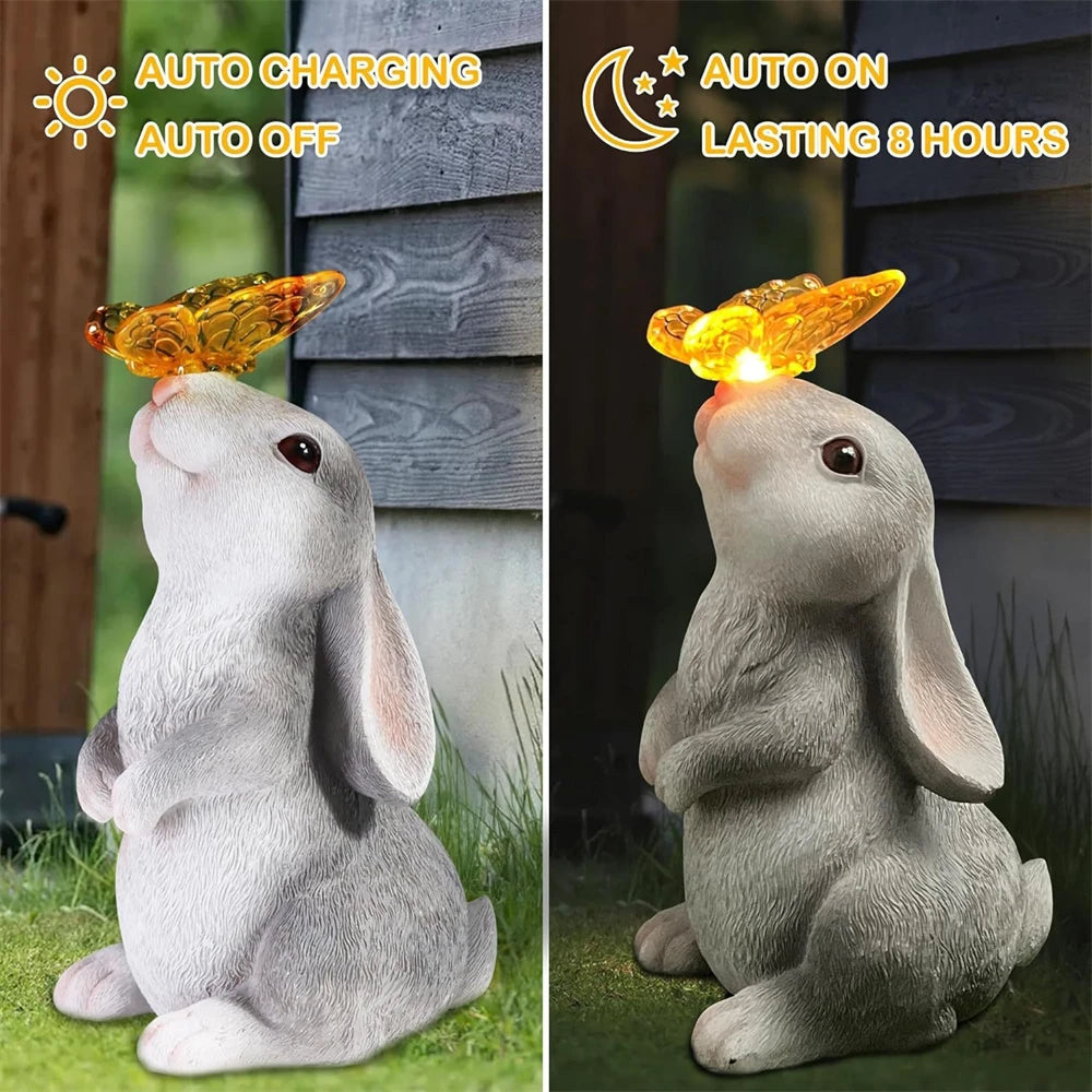 Solar Bunny Statue Garden Decor with Butterfly LED Light