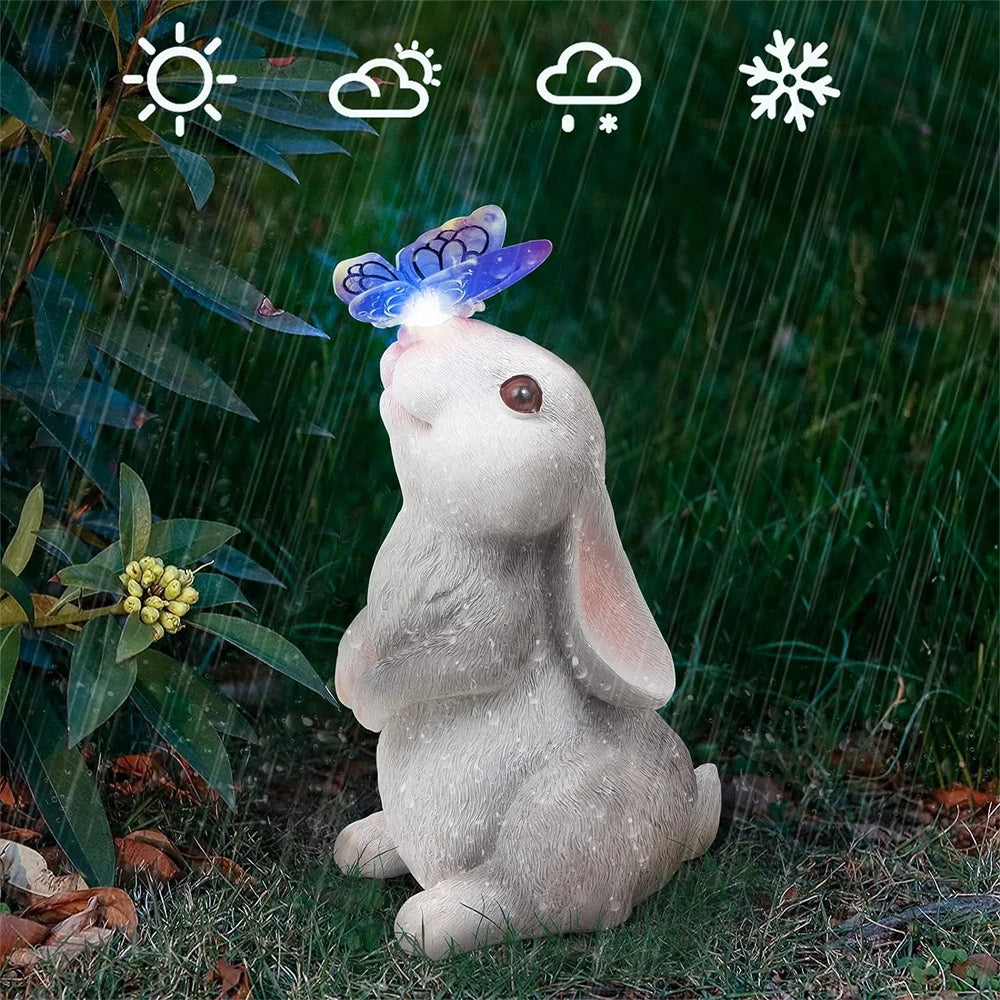Solar Bunny Statue Garden Decor with Butterfly LED Light