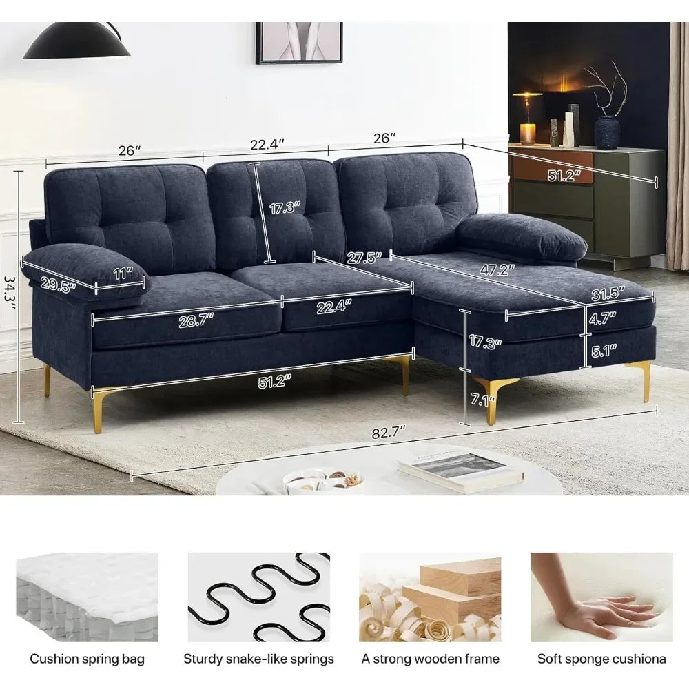 L-Shaped Small Sectional Sofa with Chaise, Navy